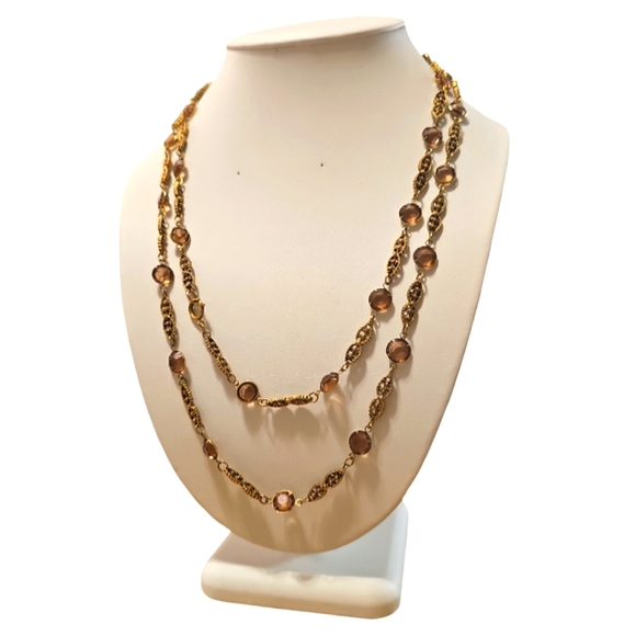 RARE 1930's Vintage Gold Tone Engraved Chain Necklace with 30 Topaz Crystals. - Picture 2 of 10
